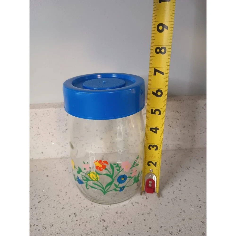 Vintage Carlton Glass Canister 1 L Floral Dark Blue Lid USA
